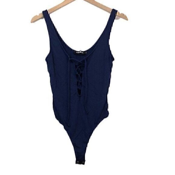 4SI3NNA Solid Navy Blue Sleeveless Lace Up Tie Bodysuit Scoop Neck Rayon Blend - Picture 2 of 8